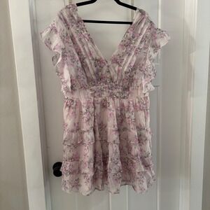 Arula Floral Ruffle Tiered‎ Flutter Sleeve V Neck Mini Dress Women's Size X (XL)